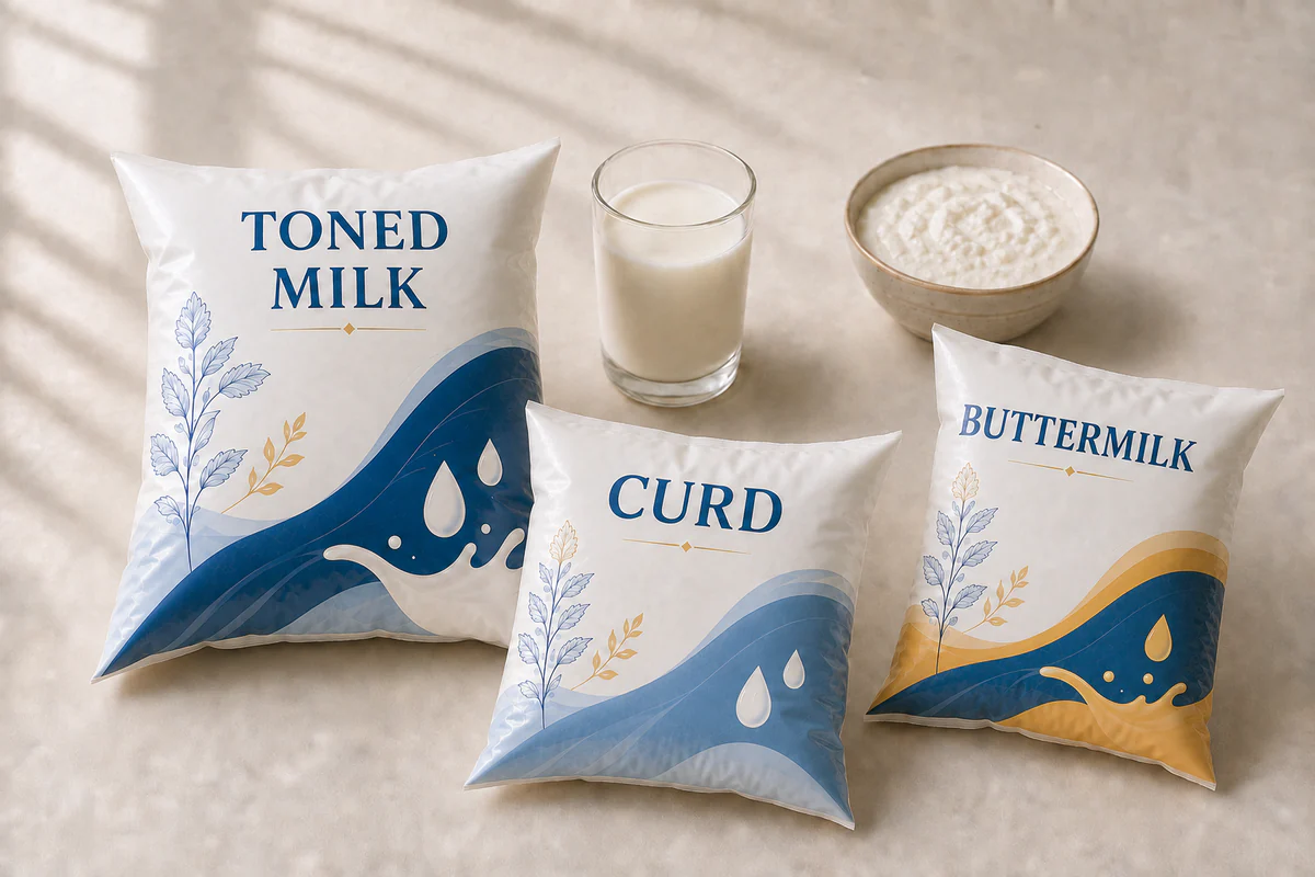 Illustrative unbranded dairy sachets labelled Toned Milk, Curd and Buttermilk, with a glass of milk and bowl of curd