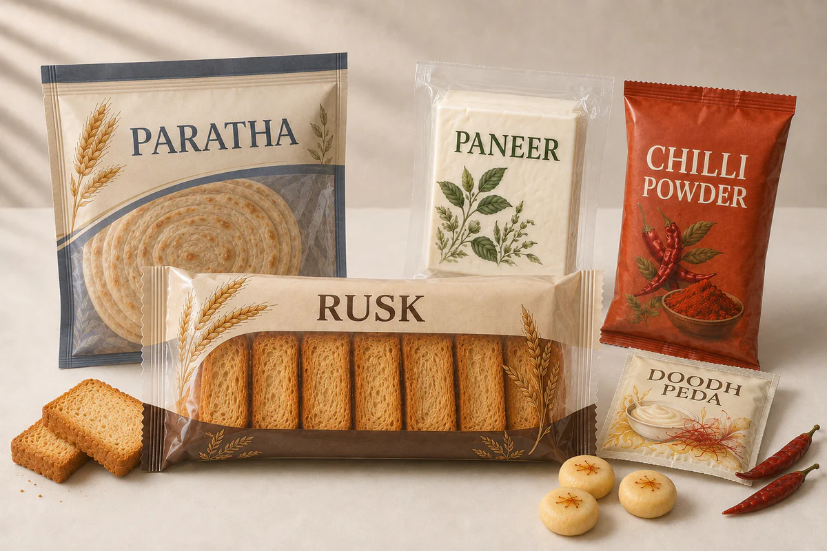 Illustrative unbranded packs for paratha, paneer, rusk, doodh peda and chilli powder