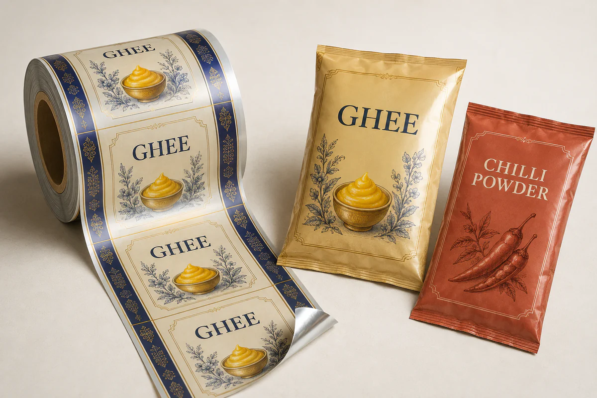 Printed laminate rollstock and sealed packs labelled Ghee and Chilli Powder