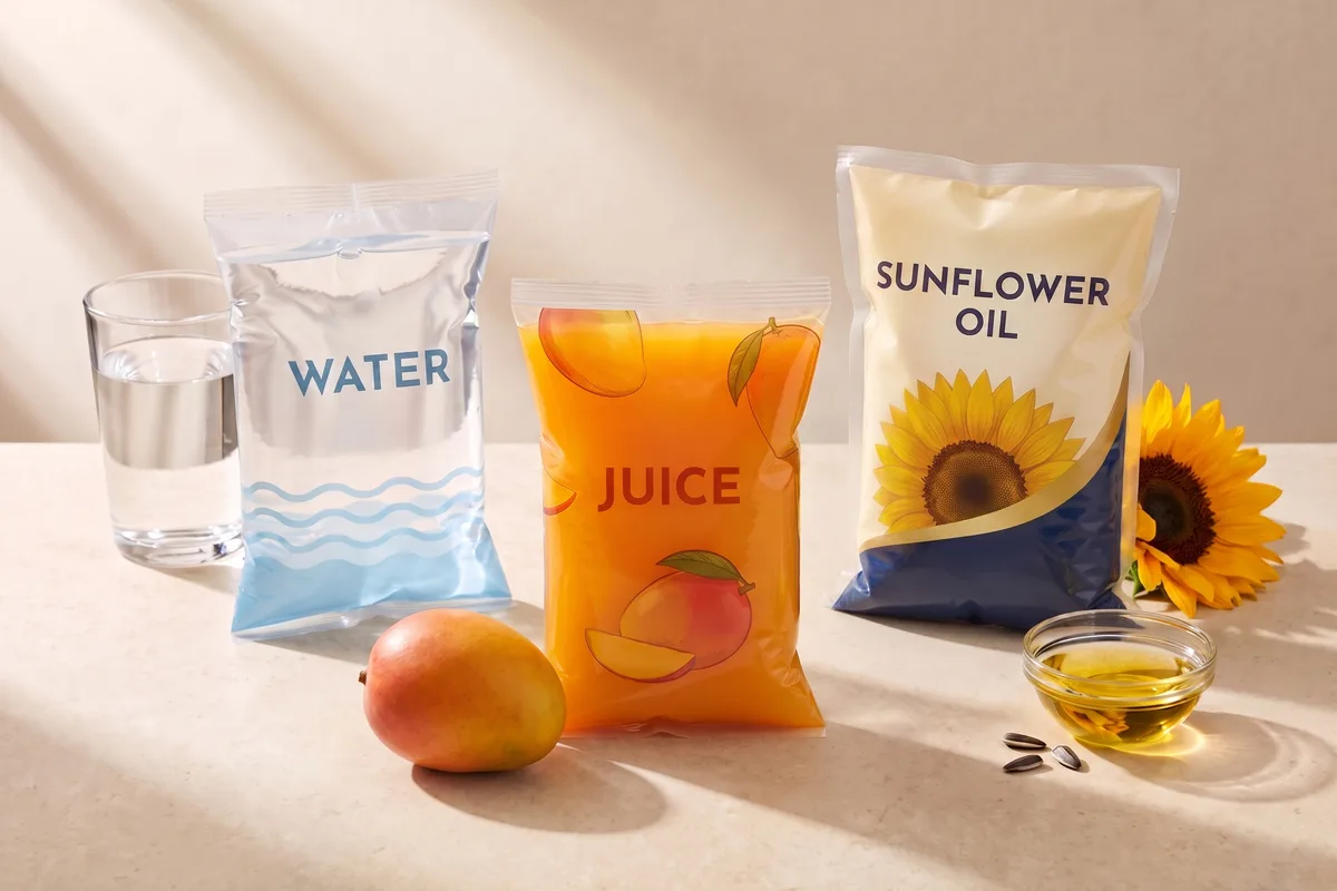 Illustrative unbranded flexible sachets labelled Water, Juice and Sunflower Oil, with a glass of water, a mango, a sunflower and a small bowl of oil