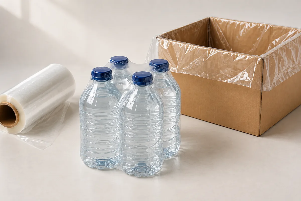 Four bottles held together by one clear heat-shrink overwrap, a roll of clear shrink film and a kraft carton fitted with a loose polyethylene liner